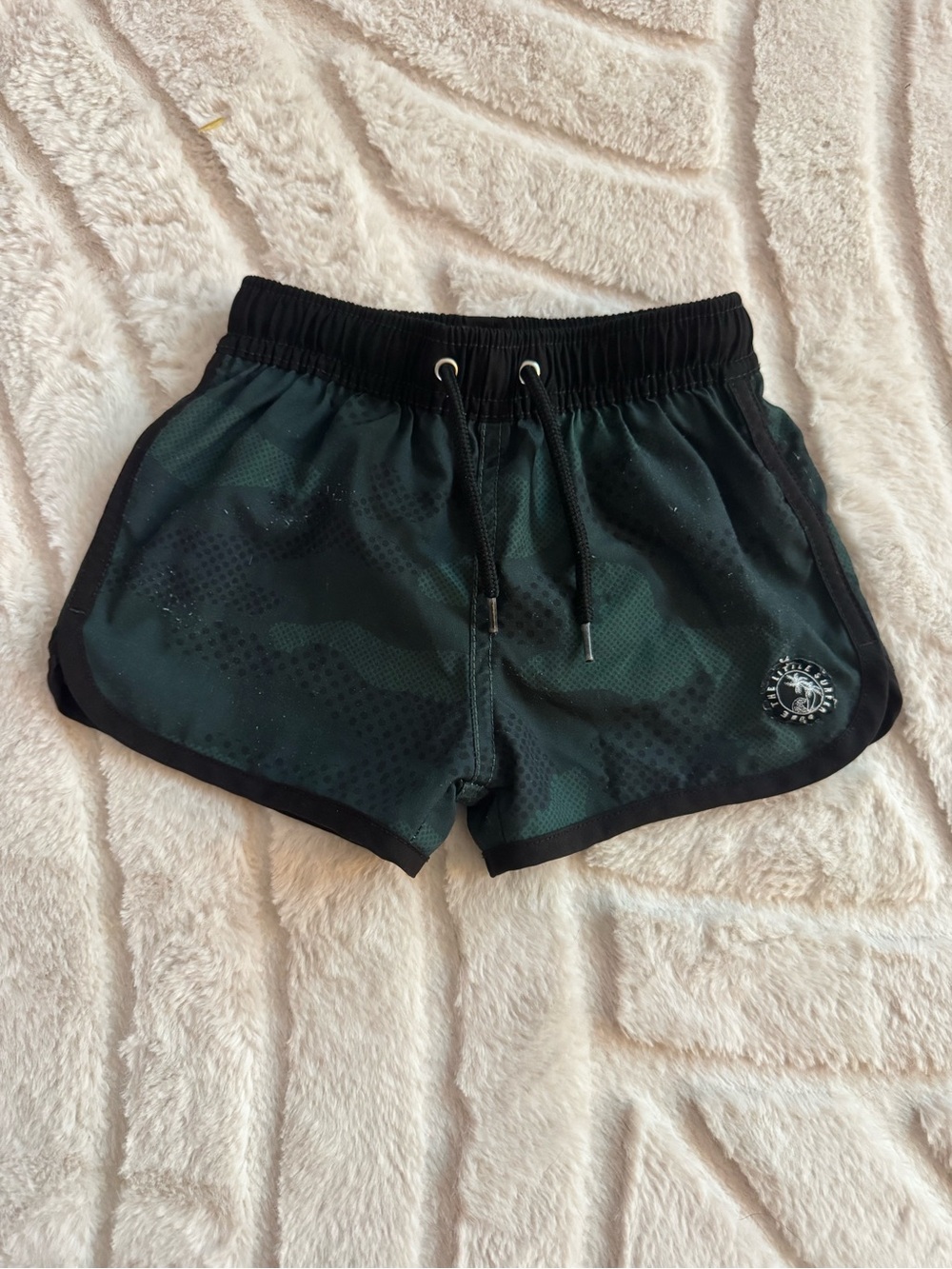 Toddler Dark Green Camo Swim Trunks with Black Trim